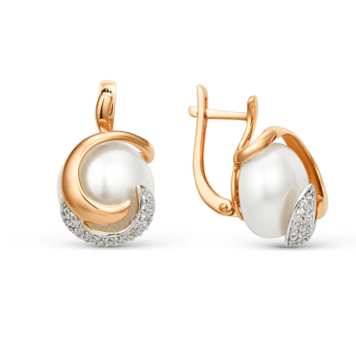 Серьги 585, ЖЕМЧУГ, Фианит